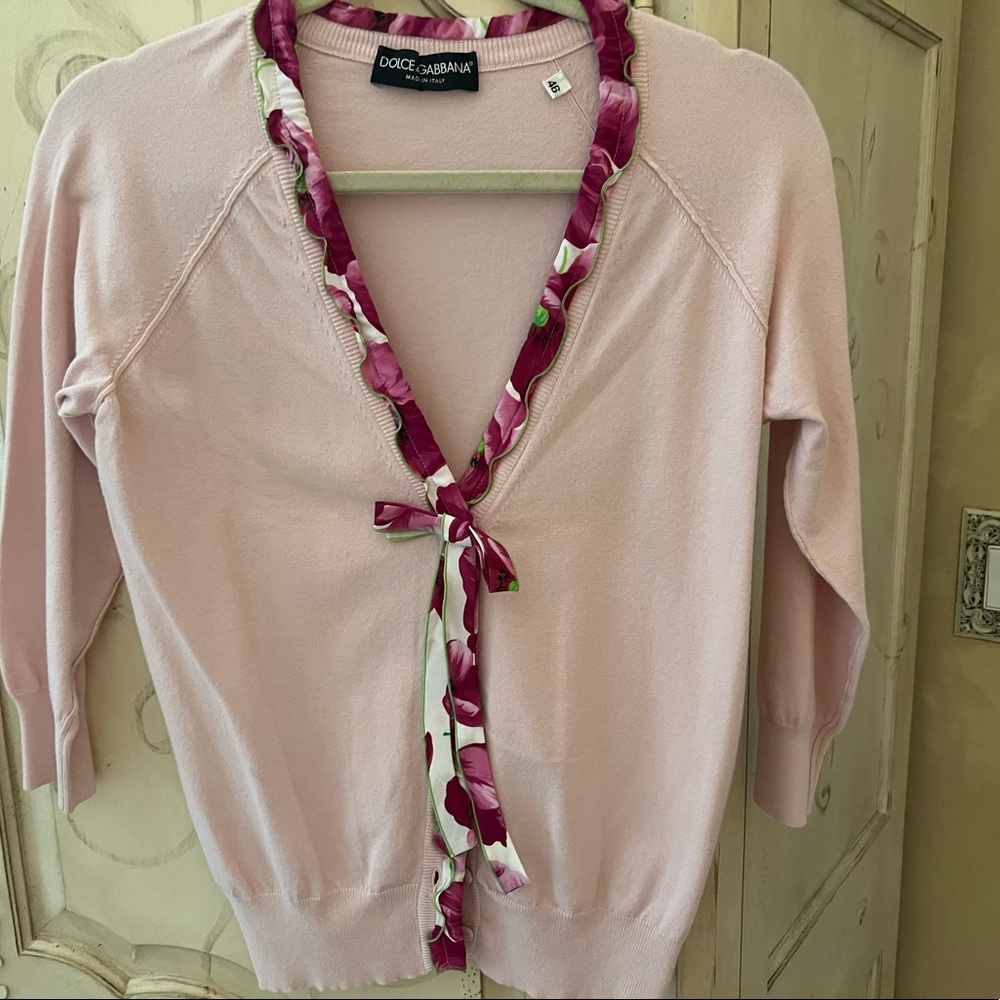Light pink D and G cardigan with ribbon trim